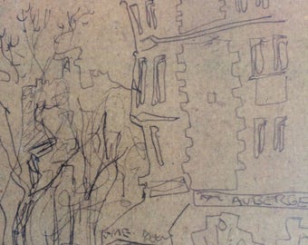 Auberge Hotel- Montmartre - rare sketch from Europe, a copy; by D. Messenger, on cardboard, dark, fine, delicate. Copy; FREE ship in USA.