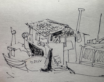 May include: A pen and ink sketch of a boat with a small cabin and a tiled roof. The word "DOLLY" is written on the side of the boat. The drawing is done in a loose, expressive style.