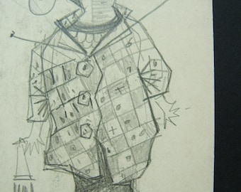 May include: A pencil sketch of a person wearing a checkered jacket, shorts, and a hat with a twig. The figure is holding a tall, narrow object. The drawing style is simple and artistic, with visible pencil lines and shading.