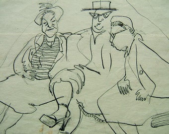 May include: Black and white line drawing of three people sitting together. The person in the middle is wearing a hat and glasses. The person on the left is wearing a hat and a striped shirt. The person on the right is wearing a jacket.
