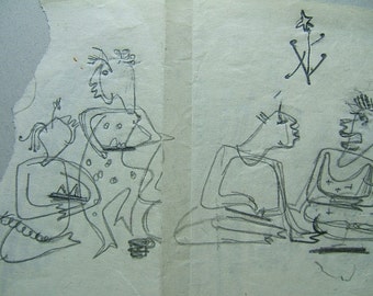 May include: A black and white pencil drawing of four figures. The figures are stylized and abstract. The drawing is on a white paper background.