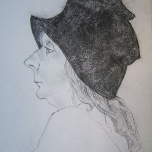 Hat Lady ze szkoły artystycznej, prawdopodobnie, -- delikatne linie ołówkiem, kopia, 1950; ZAPYTAJ O ORYGINAŁ na sprzedaż. Na papierze bezkwasowym w kolorze złamanej bieli.