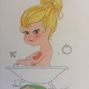 TUB GIRL - Girl in Bathtub - door D. Messenger, schattige kaartprint - ca. 1975. Gratis verzending in US Color