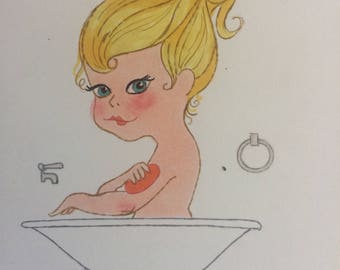 TUB GIRL - Girl in Bathtub - by D. Messenger, cute card type print - about 1975.   Free shipping in US Color