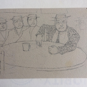 Cuatro hombres en una mesa, delicado dibujo a lápiz, original sobre cartón de 7 x 6", lápiz, década de 1960.