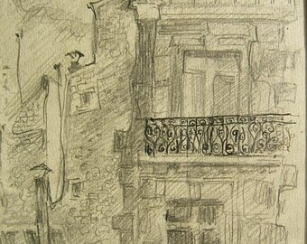 1949 drawing of Rue D'Honore, France, by D. Messenger, a digital download, you print out.