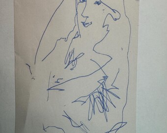 May include: A blue ink sketch of a woman's face and upper body on a piece of paper. The artwork is a continuous line drawing, with the artist's signature in the lower right corner. The style is reminiscent of a quick portrait study.