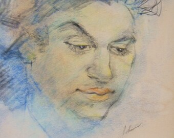 May include: A black and white pencil drawing of a person's face. The person has short, dark hair and is looking down. The drawing is done in a realistic style and has a soft, muted color palette.