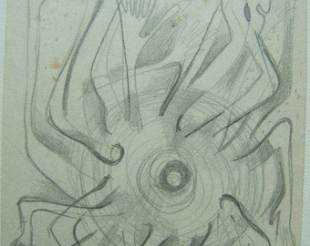 May include: A black and white pencil drawing of a stylized human figure with multiple limbs and a central circular form.