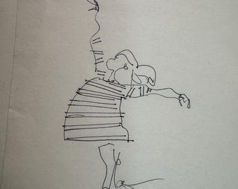 May include: A black line drawing of a figure in a striped dress, with an arm extended and a curved line above the head. The drawing is on a light-colored background.