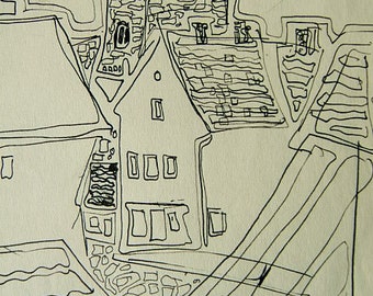 Visby; an Ink Line Drawing, unknown location, ca. 1970's, may be in Sweden, "Visty" area, ORIGINAL drawing.