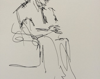 May include: A black and white line drawing of a person sitting with their head down, wearing a hat. The drawing is signed "Schippo".