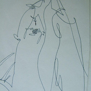 Podwójne figury mnicha, prosty rysunek piórem i tuszem, kopia oryginału na papierze bezkwasowym 8,5 x 11".