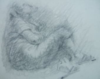May include: A pencil drawing of a person sitting with their legs crossed and their arms folded. The drawing is done in shades of gray.