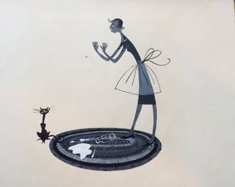 OH NO KITTY - Spilt Milk and Kitty,  1960's, Dorothy Messenger, copy of original.  Free shipping in Usa,   Large is on sale