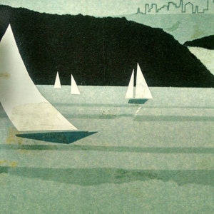 May include: A watercolour painting of a cityscape with sailboats in the foreground. The city is in the distance and is a light grey colour. The sailboats are white and are on a body of water that is a light blue colour.