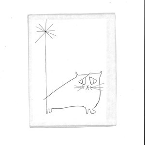 Puede incluir: Un dibujo en blanco y negro de un gato con una estrella encima.