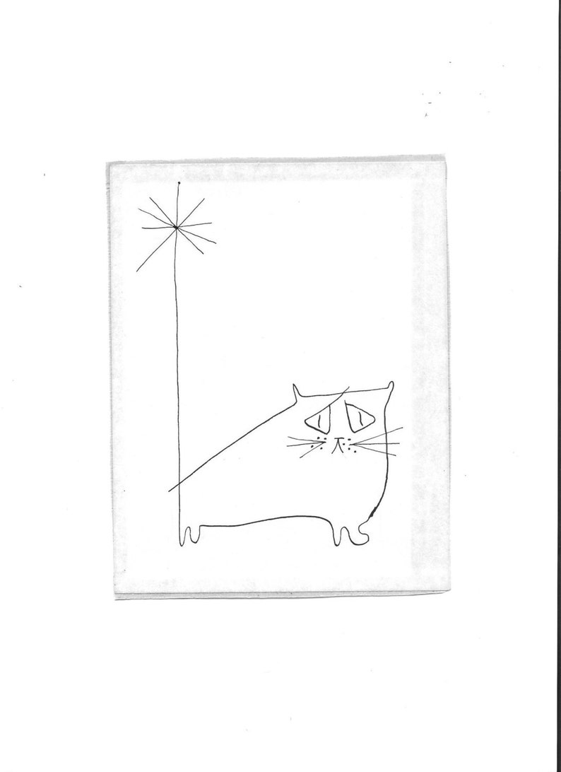 Puede incluir: Un dibujo en blanco y negro de un gato con una estrella encima.