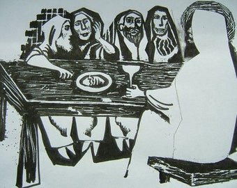 LET'S eat  LAST SUPPER Supper Table, religious theme, cut style.  Copy. Bible story. True.