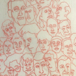 NASZE LUDZKIE MASKI Czerwone wielotwarzowe, rysunek piórem i tuszem nadający się do oprawienia i powieszenia na ścianie; Oryginalne dzieło. 9,5" x 9,5" na bibułce.