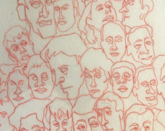 OUR HUMAN MASKS  Red Multi-Faces, Pen and ink drawing suitable for framing and wall hanging;  the Original piece. 9.5" x 9.5" on tissue.