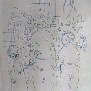 Mother for a Day, in Central Park, ink drawing by mom in about 1950, Original.  PRINTS are Available TOO!