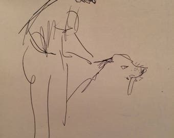 New Man with Dog, unfinished Sketch in Ink,  on paper, shipped in tube. Reproduction, copyright 2013 D Messenger