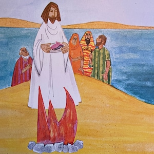 Gesù Cristo in piedi in modo colorato, probabilmente in Israele. Stampa 8,5 x 11" su carta bianco sporco. Non firmata.