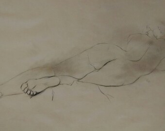Nude on Side, early wonderful figure drawing; copy on acid free paper by  Dorothy Messenger, a copy of rare original.  A COPY. Unsigned.