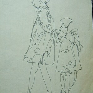 Mama spacerująca z dzieckiem, rysunek tuszem, kopia; na papierze bezkwasowym 8x11"; ok. 1950; kopia na papierze bezkwasowym. Dobry rysunek.