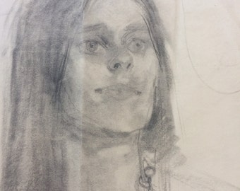 Charcoal Portrait woman, unknown subject, ca. 1948, Woman with big eyes, original is 19" x 25" approx, in tube