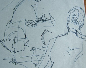 May include: A black and white line drawing of two people sitting at a table. The drawing is done in a simple style and the people are not fully formed.