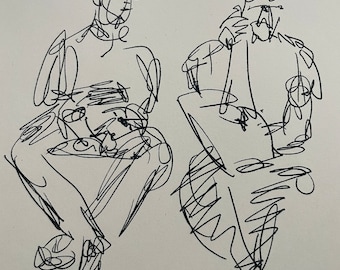 May include: A black and white line drawing of two people sitting down. The person on the left is wearing a hat and has their legs crossed. The person on the right is sitting with their legs bent and their arms crossed.