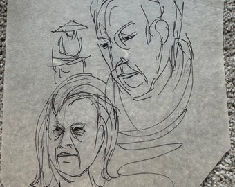 Face sketches, 1980's, a print by D. Messenger, nice lines. 8.5" x 11" only. Free shipping.