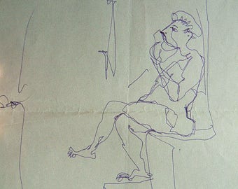 Shower Man; small cartoon, this is the original, about 8x8" uneven squared paper, cute.