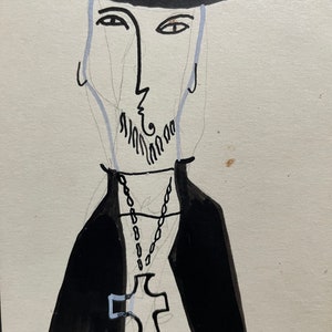 Peut inclure: Un dessin au trait noir et blanc d'une personne portant un chapeau et un long manteau avec un collier à pendentif en forme de croix.