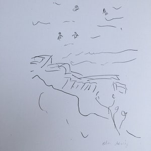 CLIFF SCENE - wygląda jak La Jolla, ale nią nie jest. - kopia na papierze bezkwasowym w kolorze złamanej bieli, ładny szkic. Prawdopodobnie z Turcji. Scena na plaży.