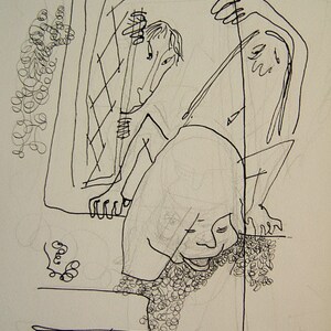 Puede incluir: Dibujo en blanco y negro de dos personas interactuando. Una persona está sentada en una silla y la otra está de pie. El dibujo está hecho en un estilo simple con un mínimo de detalles.