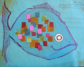 Tissue Fish, copy of cute colored tissue paper original,    A copy on off white acid free paper.  Free shipping in the USA.