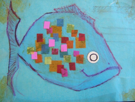 Tissue Fish, copy of cute colored tissue paper original,    A copy on off white acid free paper.  Free shipping in the USA.