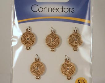 5 Gold and Rhinestone Round Connectors NTP Bracelet Connectors Findings Destash Jewelry Making Supplies