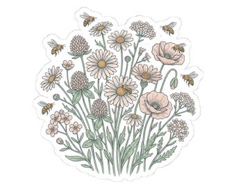 Wildflower Bouquet Sticker, Vintage Flowers with Bees, Save Pollinators, Daisy Sticker