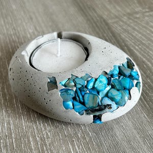Rustic Tea Light Holder with Blue Accents, Stone Candle Holder, Handmade Concrete Decor, Unique Table Centerpiece, Minimalist Tea Light