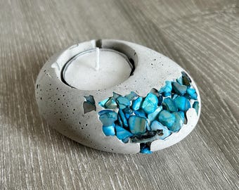 Rustic Tea Light Holder with Blue Accents, Stone Candle Holder, Handmade Concrete Decor, Unique Table Centerpiece, Minimalist Tea Light