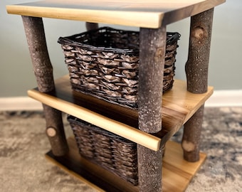 Rustic Poplar Wood Side Table - Handmade Nightstand with Storage Baskets, Homeware, Bookshelf, Log Accent Table, Cabin Decor Furniture