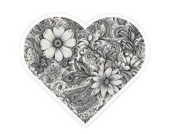 Vintage Floral Heart Doodle sticker, Black and White sticker, Heart Decal, Wildflower sticker