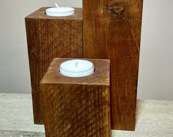 Rustic Wooden Tea Light Holder Set, Handmade Candle Holders, Tiered Wooden Candle Stands for Home Decor, Farmhouse and Cottagecore Gift