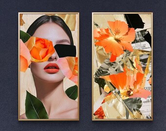 Fashion Abstract Collage Diptych, Model portrait with flower elements, pair of modern wall art, ratio 2x3, DIGITAL DOWNLOAD