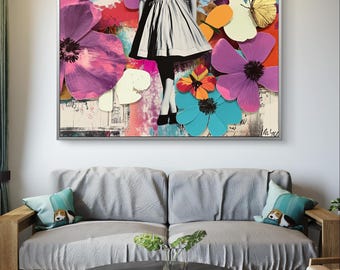 Abstract Fashion collage with vibrant flower elements, ratio 3x2, modern wall art, DIGITAL DOWNLOAD.