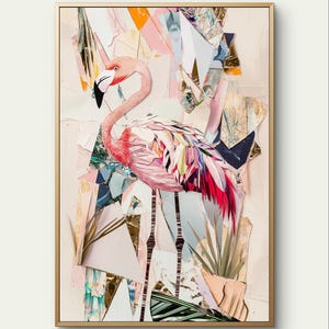 Pink Flamingo in Collage technique with the addition of gold elements and textures, ratio 2x3, modern wall art, DIGITAL DOWNLOAD.